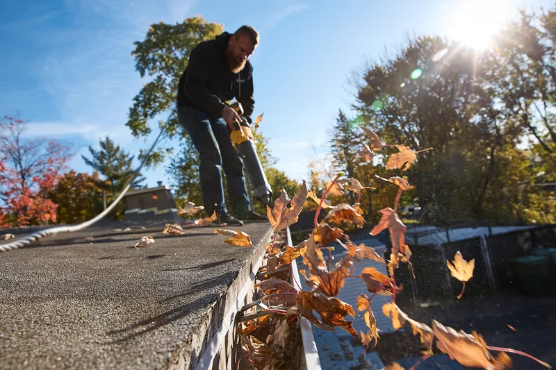 Professional gutter cleaning on a residential roof