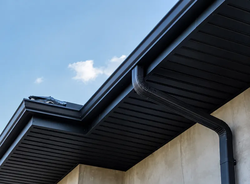 Soffit and fascia along a finished residential roofline